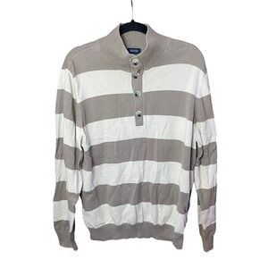 IZOD Striped Button Mock Neck Sweater Mens Size M Tan Cream Cotton